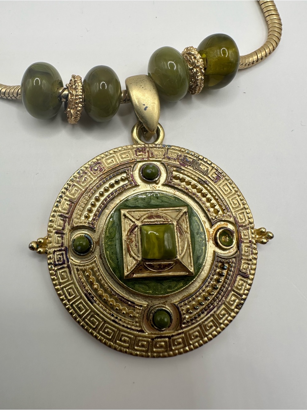 Vintage Olive Green Bead Medallion Statement Necklace | Gold Tone Snake Chain